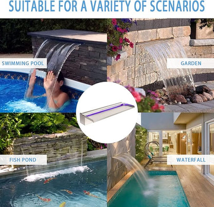 24 Inch APP 304 Stainless Steel Pond Fountains with 16 Color LED Lights, Outdoor Water Patio Waterfall Spillway Kit for Garden Patio, Swimming Pool, Koi Ponds Decoration