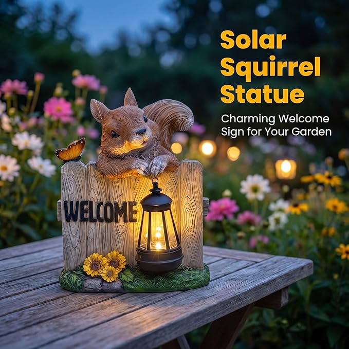Garden Squirrel Welcome Sign with Solar Lantern, Decorative Outdoor Statue for Porch, Patio or Garden with Butterfly and Sunflowers
