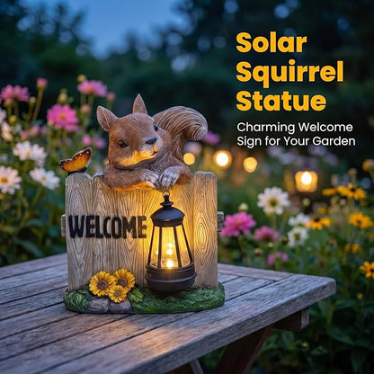 Garden Squirrel Welcome Sign with Solar Lantern, Decorative Outdoor Statue for Porch, Patio or Garden with Butterfly and Sunflowers