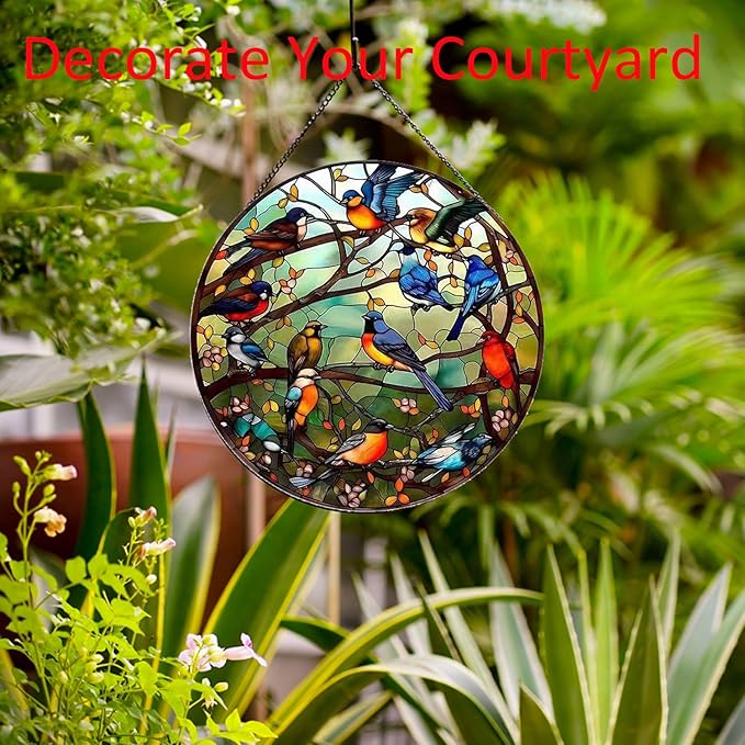 Hummingbird Pattern Suncatcher Stained Glass,Hanging Stained Glass for Windows,20cm/7.87inch Hand-Painted Sun Catcher Garden Hangings Stained Glass Panel Decor (Model 13)