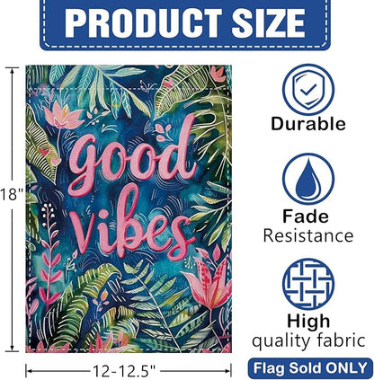 Dyrenson Good Vibes Good Tropical Plant Decorative Garden Flag, Motivational Pink Flower Leaves Yard Outside Home Decoration, Botanical Floral Burlap Outdoor Small Decor Double Sided 12 x 18
