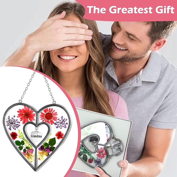 KY&BOSAM Grandma Heart Suncatcher Grandma Gifts Staiend Glass Wind Chimes for Outside Pressed Flower Colorful Heart Suncatchers Outdoor for Garden Windows Indoor Home Trees Patio Yard Porch Decor