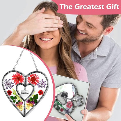 KY&BOSAM Grandma Heart Suncatcher Grandma Gifts Staiend Glass Wind Chimes for Outside Pressed Flower Colorful Heart Suncatchers Outdoor for Garden Windows Indoor Home Trees Patio Yard Porch Decor