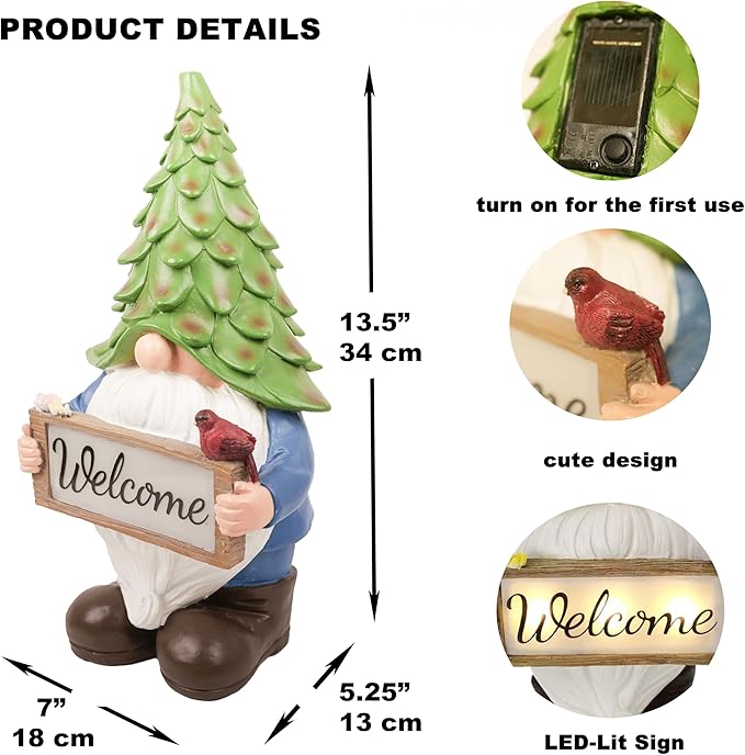 Large Garden Gnome Statue with Solar Lights, 13.5” Welcome Sign Gnome Outdoor Decor for Yard Lawn Patio, Funny Resin Gnome Sculptures, Gifts for Women Mom Grandma,Garden Decor Ornament