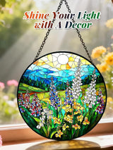 Stained Glass Window Hanging, Wildflowers Plant Scenery Suncatcher for Door Home Decor,Valley Sunrise Sun Catcher Ornament Mother's Day Birthday Gifts for Women Men Mom 6.3 in