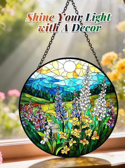 Stained Glass Window Hanging, Wildflowers Plant Scenery Suncatcher for Door Home Decor,Valley Sunrise Sun Catcher Ornament Mother's Day Birthday Gifts for Women Men Mom 6.3 in