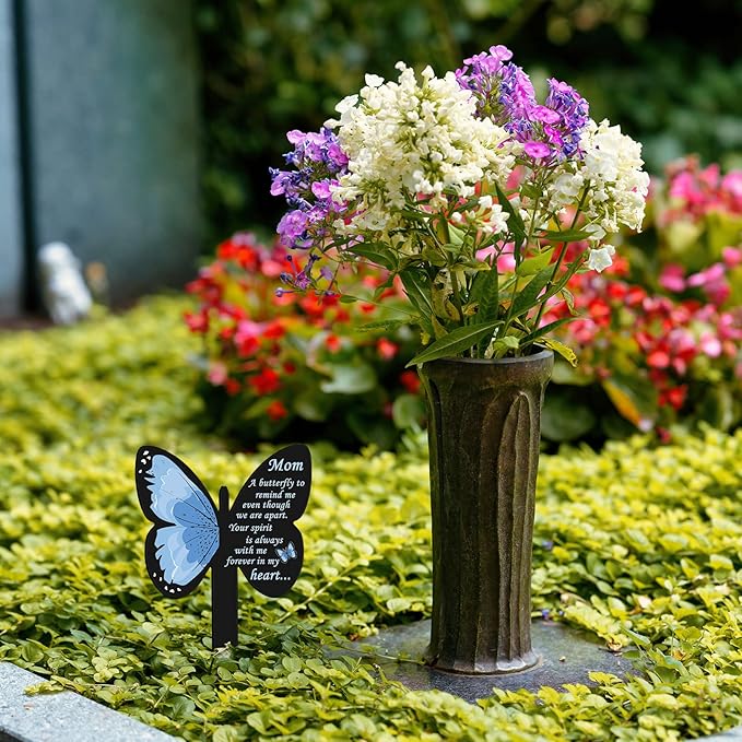 Geosar Mom Memorial Stakes Cemetery Grave Plaque Stake Markers Memorial Butterfly Plaques for Outdoors Sympathy Garden Stake Acrylic Waterproof Garden Grave Decoration(Elegant Style)
