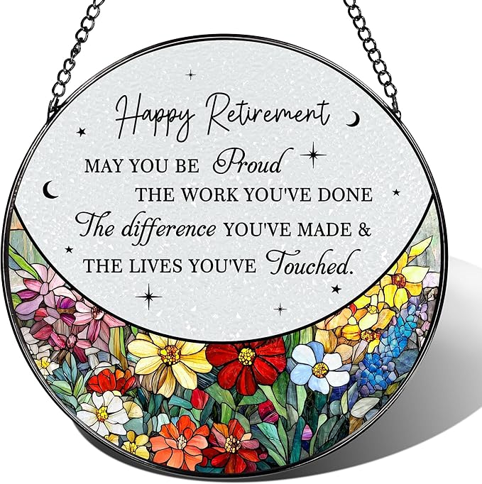 8” Stained Glass Suncatcher Ornament – Floral Retirement Window Hanging Decorations, Retirement Gifts & Retired Gifts for Women, Men, Friends, Coworkers, Teachers - Style H