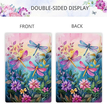 Colorful Spring Summer Dragonfly Garden Flag Floral Flowers Garden Flag Vertical Double Sided Rustic Farmland Burlap Yard Lawn Outdoor Decor 12.5x18"