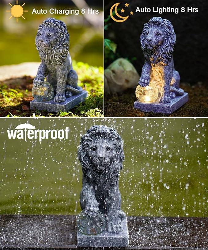 Nacome Guardian Lion Garden Statue: Outdoor Decor Sculpture with Ball Lights for Yard Art Porch Patio - Unique Birthday Gifts for Women Mom(9.45in)