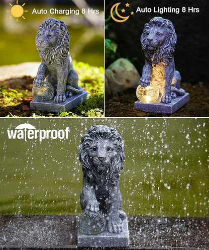 Nacome Guardian Lion Garden Statue: Outdoor Decor Sculpture with Ball Lights for Yard Art Porch Patio - Unique Birthday Gifts for Women Mom(9.45in)
