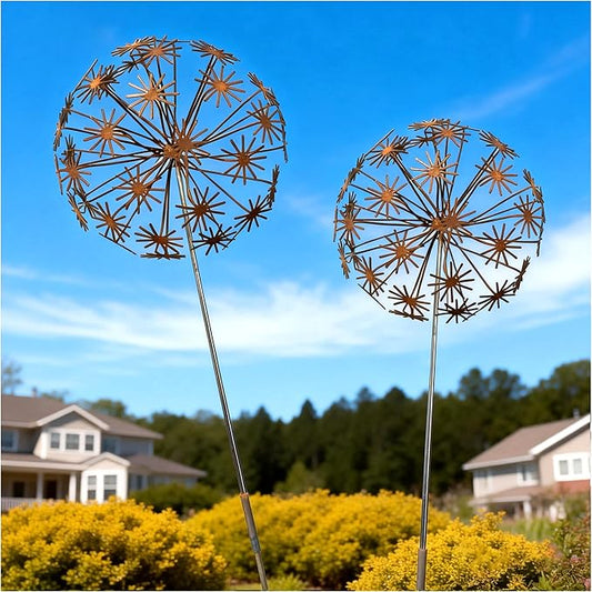 2 Pack Metal Flower Stakes for Outside, 3D Rusty Metal Plants Garden Statues Yard Art, Outdooor Decorative Garden Stake for Flower Bed Lawn Balcony Flower Pot (Style 1)