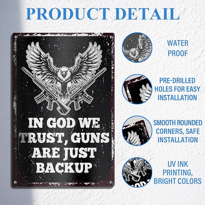 Gun Sign for Home Security No Trespassing Private Property Metal Tin Sign Patriotic Americana Wall Decor for Gun Room Firing Ranges Man Cave Garage Gun Lovers Gift 8" x 12", In God We Trust