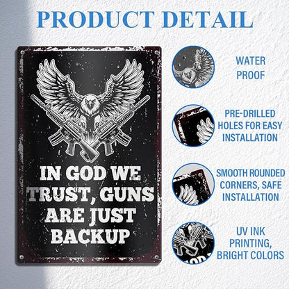Gun Sign for Home Security No Trespassing Private Property Metal Tin Sign Patriotic Americana Wall Decor for Gun Room Firing Ranges Man Cave Garage Gun Lovers Gift 8" x 12", In God We Trust