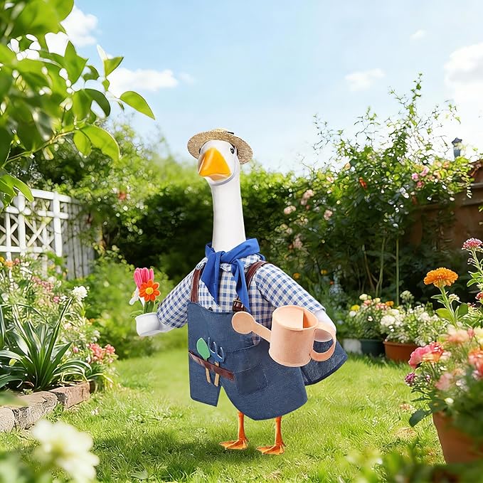 GJL Gardener Porch Goose Outfit Fits 23 Inch Cement Plastic Goose Statue, 2-Piece Porch Goose Clothes with Hat, Tools, Scarf, Watering Can & Flower Pot Design for Spring Summer Outdoor Garden Decor