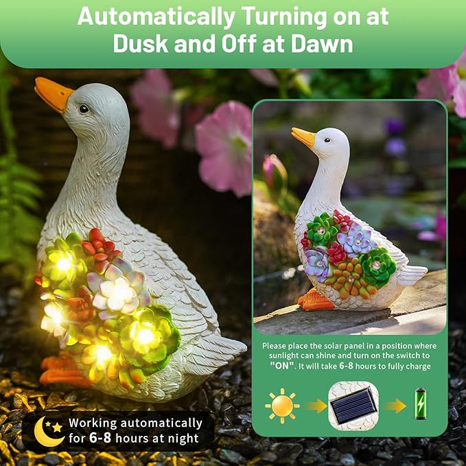 Solar Powered Duck Garden Statue with Succulents & LED Lights – Whimsical Resin Outdoor Decor for Patio, Lawn & Gift