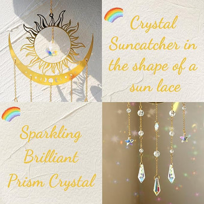 Artilady Suncatcher Crystal Wind Chimes - Large Sun and Moon Sun Catcher for Windows Hanging Prism Crystals Boho Home Garden Backyard Room Ceiling Decor Christmas Birthday Gift for Women