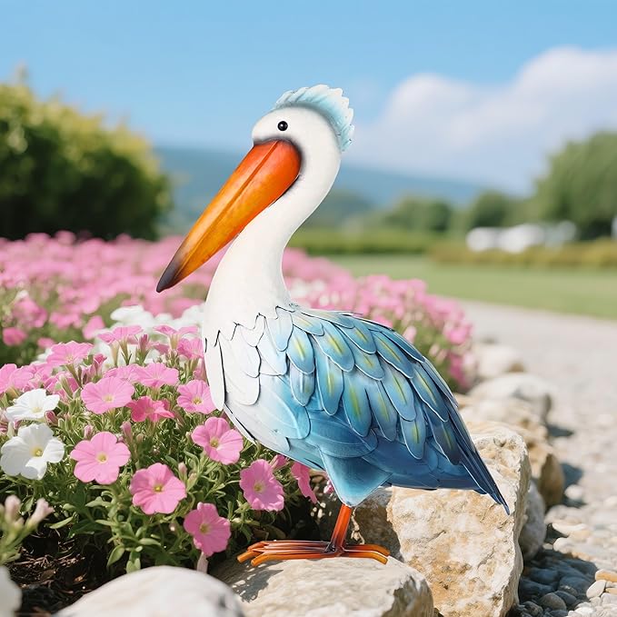 Ratuor Pelican Statues Metal Garden Decor Coastal Blue Heron Yard Art Sculpture Ornament for Backyard Porch Patio Pond Decor