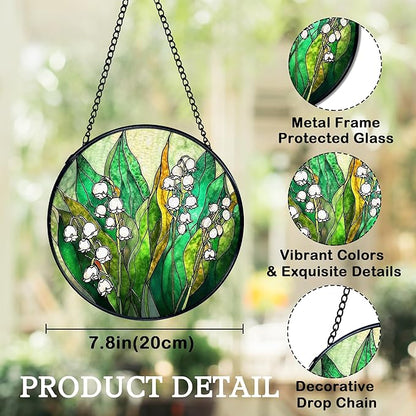 Lily of The Valley Suncatchers Stained Glass Window Hanging, Lily of The Valley Flower Sun Catchers Indoor Window Glass Round Wall Decor, Floral Botanical Wall Hanging Decorations, 7.9x7.9in