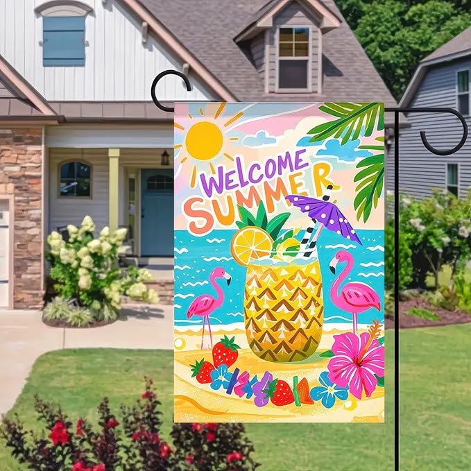 BlissYard Welcome Summer Garden Flag 12x18 Double Sided Flamingo Sunshine Hawaii Tropical Beach Holiday Garden Flags Welcome Summer Tropical Ocean Sea Yard Flag for Seasonal Outdoor Party Decoration