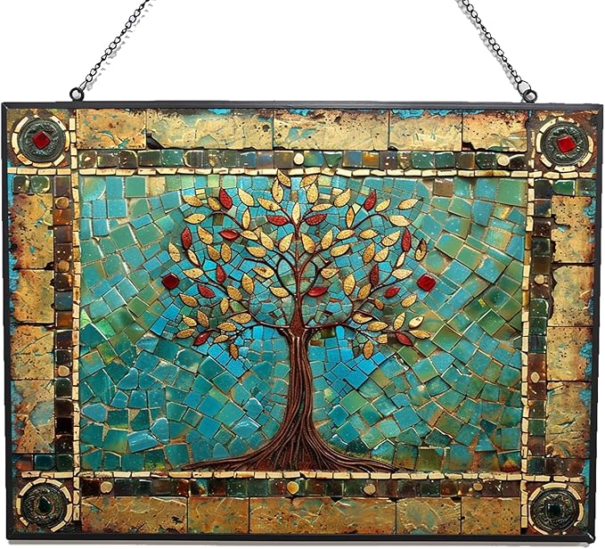 Rectangle Tree of Life Stained Glass Window Hanging Sun Catcher Halloween Haning Ornament Decoration Christmas Birthday Gifts for Lover Friends Mother