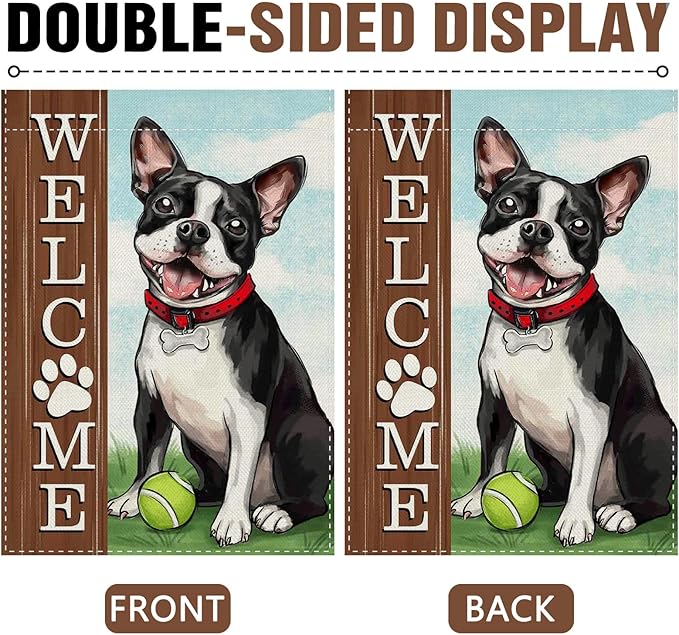 Dyrenson Welcome Boston Terrier Dog Decorative Garden Flag, Spring Summer Paw Prints Tennis Yard Outside Home Decorations Pet Lover Gift, Farmhouse Burlap Outdoor Small Decor Double Sided 12 x 18
