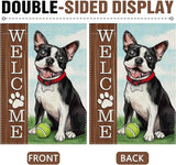 Dyrenson Welcome Boston Terrier Dog Decorative Garden Flag, Spring Summer Paw Prints Tennis Yard Outside Home Decorations Pet Lover Gift, Farmhouse Burlap Outdoor Small Decor Double Sided 12 x 18