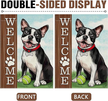 Dyrenson Welcome Boston Terrier Dog Decorative Garden Flag, Spring Summer Paw Prints Tennis Yard Outside Home Decorations Pet Lover Gift, Farmhouse Burlap Outdoor Small Decor Double Sided 12 x 18