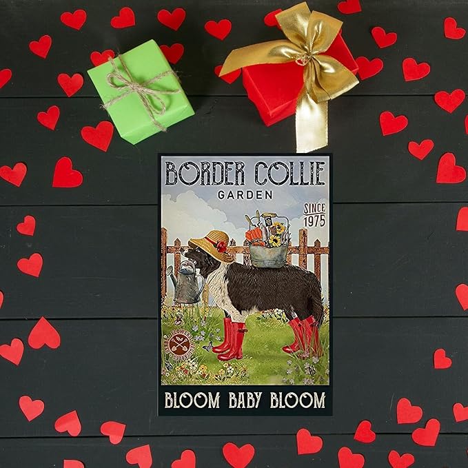 Funny Flowers Metal Poster, Dog Country Rustic Tin Sign, Border Collie Garden Bloom Baby Bloom, Yard Farm Outside Wall Decor Plaque Outdoor for Home Fence 8 X 12 Inch