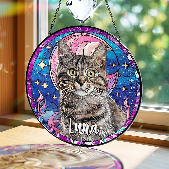Personalized Pet Stained Glass Suncatcher Custom Name Pet Photo Ornament Window Hanging Home Decor Sympathy Gift for Loss of Pet Dog Cat Memorial Keepsake Remembrance Gift for Dog Lovers