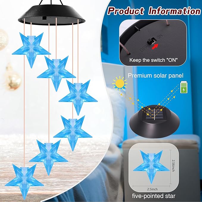 Blue Star Solar Wind Chime Outdoor Color Changing Crystal Star Solar Light Gifts for Women Waterproof LED Wind Chime Garden Decor Solar Powered Windchimes Unique Chiristmas Gifts