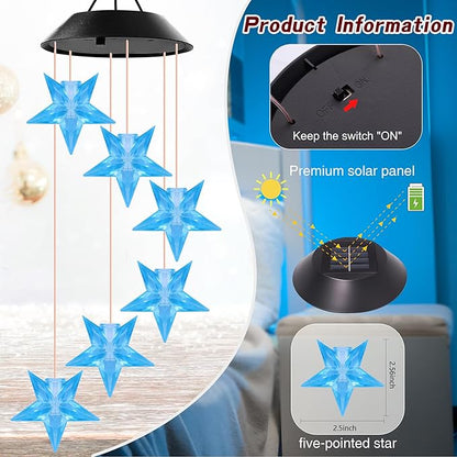 Blue Star Solar Wind Chime Outdoor Color Changing Crystal Star Solar Light Gifts for Women Waterproof LED Wind Chime Garden Decor Solar Powered Windchimes Unique Chiristmas Gifts