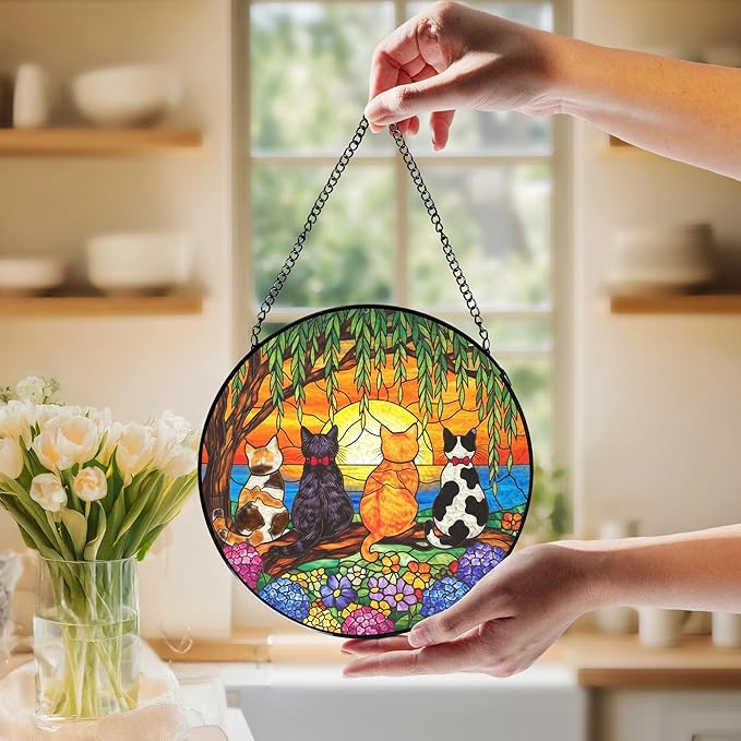 Cat Flower Stained Glass Window Hanging, Cat Mom Lovers Gifts for Women, Nature Sunset Kitten Landscape Suncatchers Sun Catchers Indoor Window Glass Wall Art Decorations, 7.9x7.9in, Patio