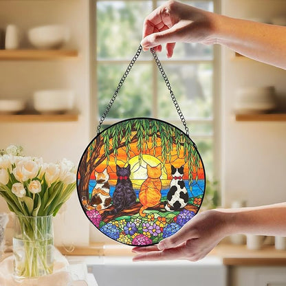 Cat Flower Stained Glass Window Hanging, Cat Mom Lovers Gifts for Women, Nature Sunset Kitten Landscape Suncatchers Sun Catchers Indoor Window Glass Wall Art Decorations, 7.9x7.9in, Patio