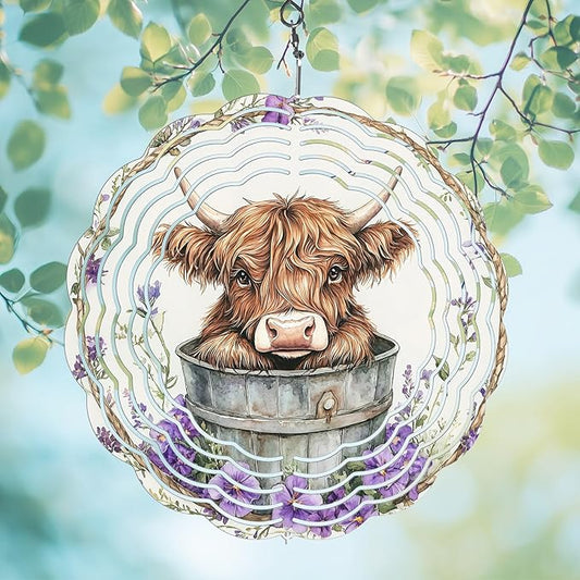 Highland Cow Wind Spinners Outdoor, Hanging Wind Spinner for Garden Decoration, 8 inch 3D Stainless Steel Metal Wind Sculpture for Indoor/Outdoor Decor