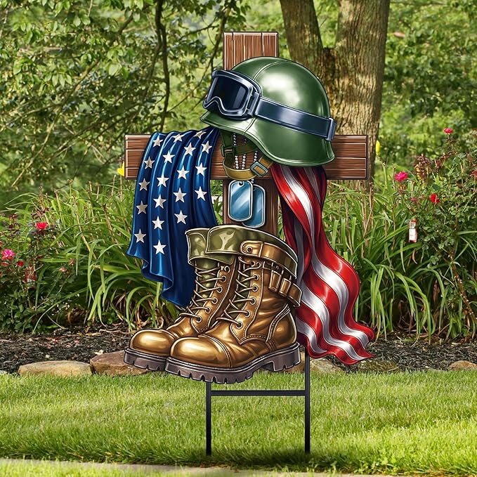 Moxweyeni Metal Memorial Day Yard Decoration Patriotic Yard Sign with Stakes 13.78 Inch Military Soldiers Boots Patriotic Veteran Outdoor Decoration for Home Garden Lawn Supplies