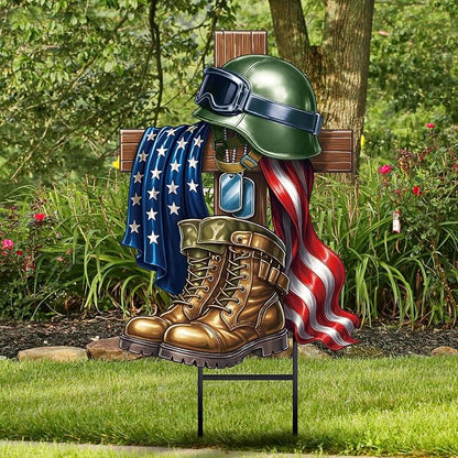 Moxweyeni Metal Memorial Day Yard Decoration Patriotic Yard Sign with Stakes 13.78 Inch Military Soldiers Boots Patriotic Veteran Outdoor Decoration for Home Garden Lawn Supplies