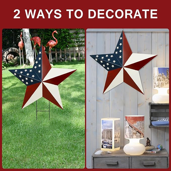 Metal Star Memorial Day Decorations Outdoor Garden Stake, Patriotic US Flag Barn Star Wall Decor, 4th of July Yard Sign American Decor for Front Porch Patio Lawn