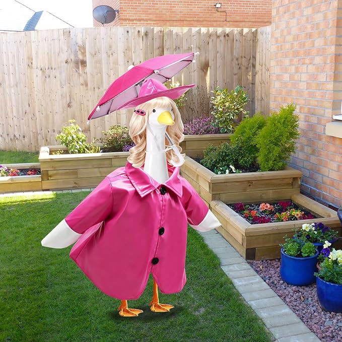4 Pcs Porch Goose Raincoat with Wigs, Outfits and Clothes, Spring Summer Goose Statue Raincoat Costume, 23" Geese Statue Clothes for Patio Yard Lawn Outdoor Decor (Pink)