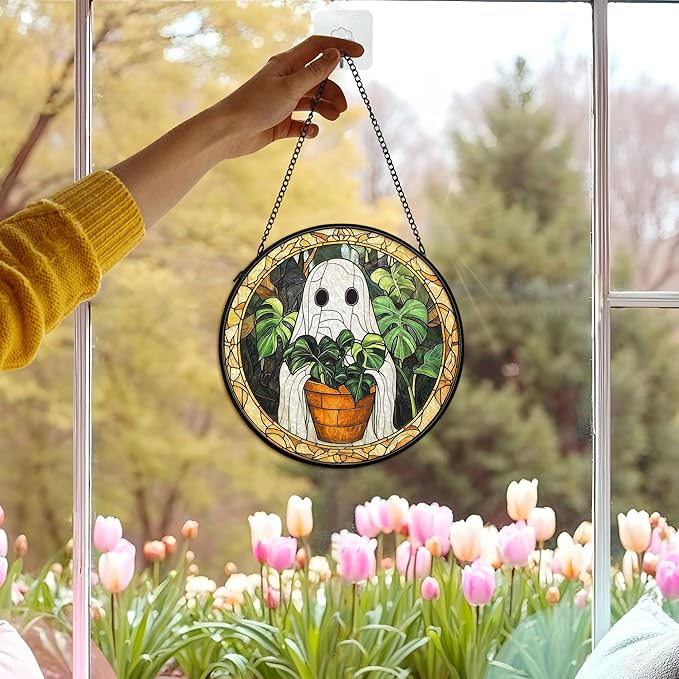 Halloween Ghost Suncatcher Stained Glass Window Hanging Decor, Cute Ghost Stained Glass Wall Decor, Plant Lovers Gifts, Botanical Garden Sun Catchers Indoor Window Hanging Wall Art, 7.9x7.9In