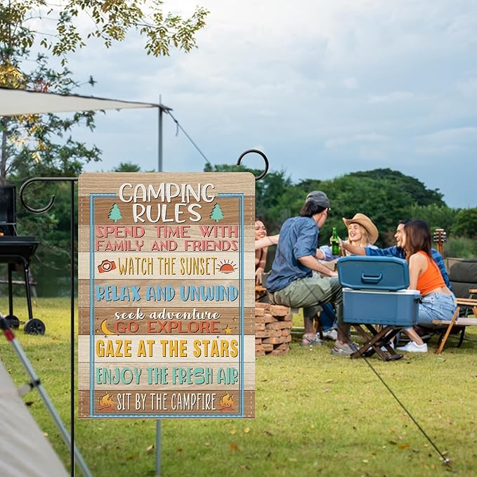 Dyrenson Camping Rules Decorative Garden Flag, Rustic Camper Outdoor Adventure Yard Home Decoration, Farmhouse Campsite Burlap Outside Small Decor Double Sided 12 x 18