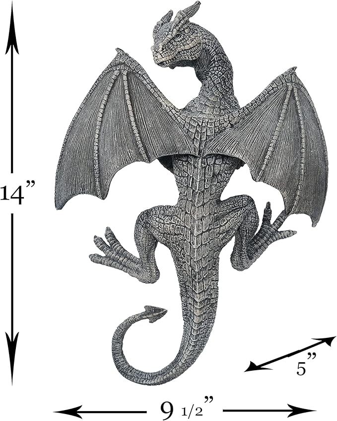 Dragon Winged Gargoyle Fence Hanger Outdoor Wall Decor- Detailed Fence Topper Hanging Statue- Gothic Climbing Grotesque Dragon for Garden, Patio, Porch (14 Inch)