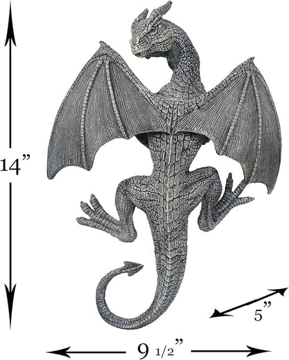 Dragon Winged Gargoyle Fence Hanger Outdoor Wall Decor- Detailed Fence Topper Hanging Statue- Gothic Climbing Grotesque Dragon for Garden, Patio, Porch (14 Inch)