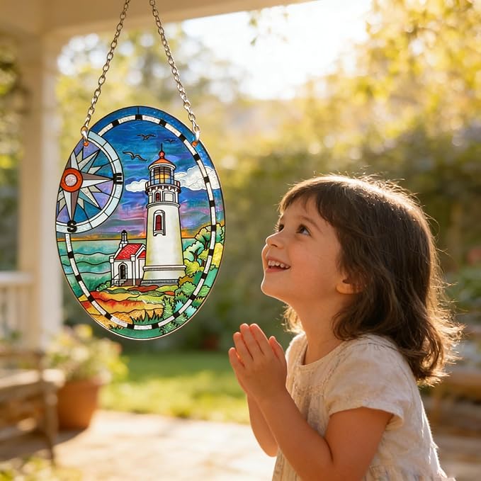 Lighthouse Garden Suncatcher for Window, Elliptic Stained Glass Window Hanging Memorial Gift Stained Glass Birthday Gift for Mom Sun Catchers Window Home Garden Christmas Party Wedding Decor (G)