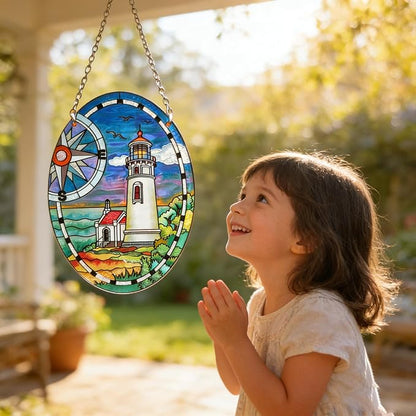 Lighthouse Garden Suncatcher for Window, Elliptic Stained Glass Window Hanging Memorial Gift Stained Glass Birthday Gift for Mom Sun Catchers Window Home Garden Christmas Party Wedding Decor (G)