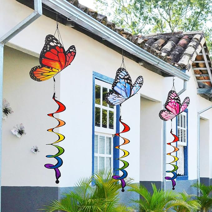 3pcs Butterfly Windmill, Garden Wheel Spinner, Hanging Windsock, Colorful Pin Wheel, Fabric Windmill Wheel, 40inch Whirligigs Windmill, Outdoor Courtyard, Lawn, Decoration Wind Spinner