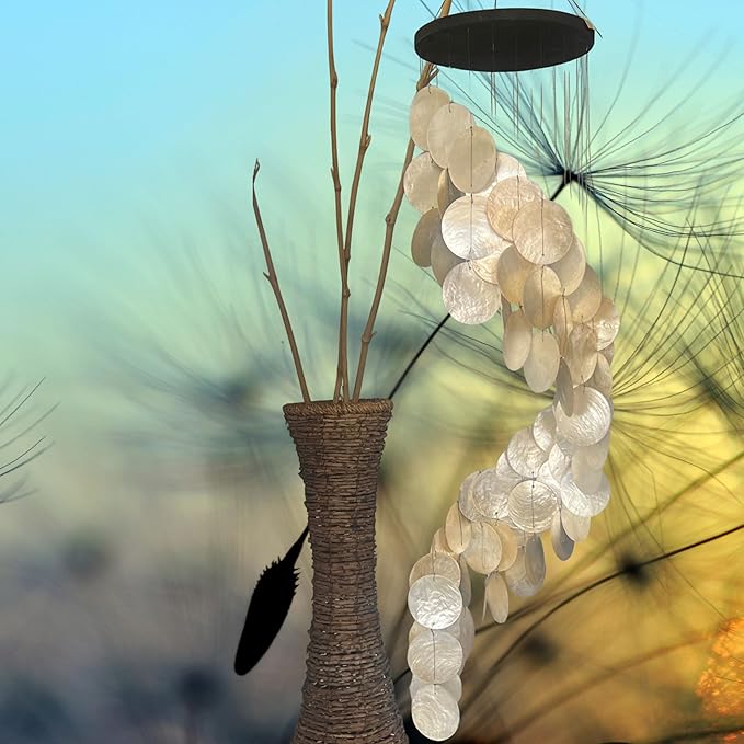 Bellaa 24537 Wind Chimes Outdoor, Garden Decorations, Musical, Indoor/Outside Windchimes, Beach, Ocean Breeze, Gifts for Mom, Gift for All Occasions, Capiz Sea Glass Shells Wood 27 inch White Gold