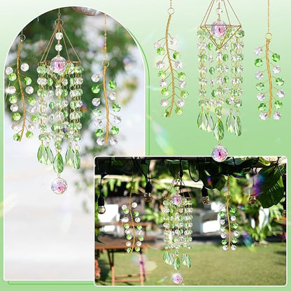Crystal Suncatcher 3 PCS Hanging Prism Window Decor, Green Glass Sun Catcher with Metal Frame and Rainbow Light Reflection for Indoor Outdoor Garden Patio