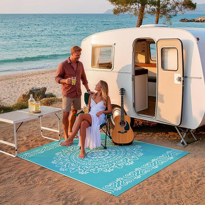 Pauwer Waterproof Outdoor Rug 5x8, Reversible Plastic Straw Patio Camping Rug, Indoor Outdoor RV Mat Carpet for Deck, Camper, Porch, Balcony, Backyard, Picnic, Floral Teal