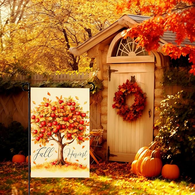 Fall Garden Flag Red Apple Fall Harvest Yard Flag Autumn Tree Maple Leaves Vertical Double Sided Garden Flags Thanksgiving Holiday House Banner Outside Decorations 12x18 Inch